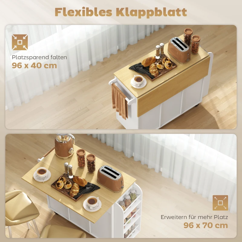 HOMCOM Rollbare Kücheninsel, ausklappbare Arbeitsfläche, Soft-Close-Schranktüren, Schubladen, Handtuchhalter, MDF, Weiß