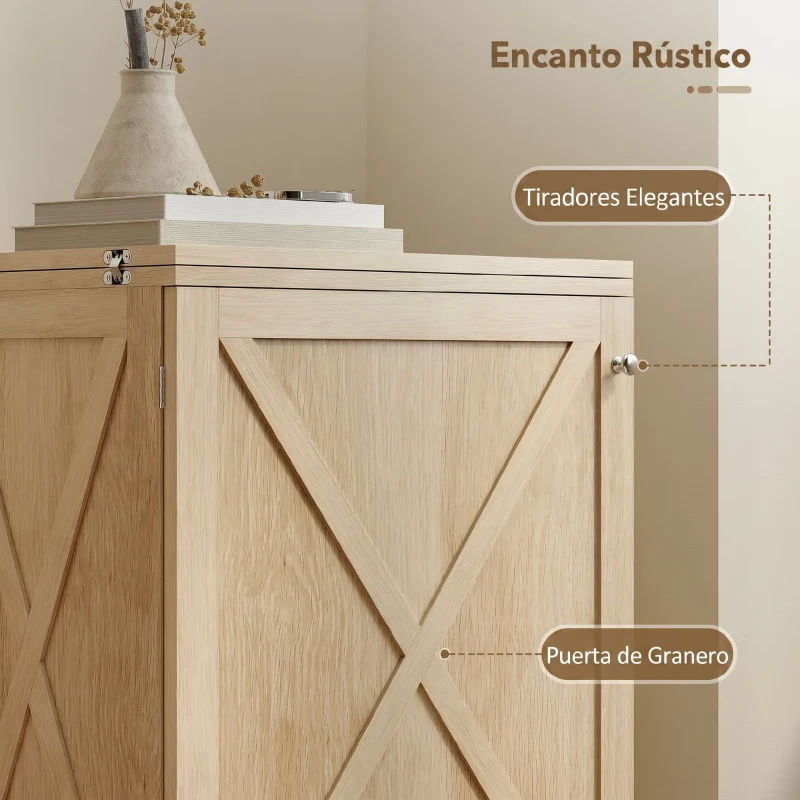 HOMCOM Mesa de Costura Plegable, Mueble de Costura Rodante, Puerta Magnética de Granero, 2 Compartimentos, Estante, 18 Clavijas, Natural