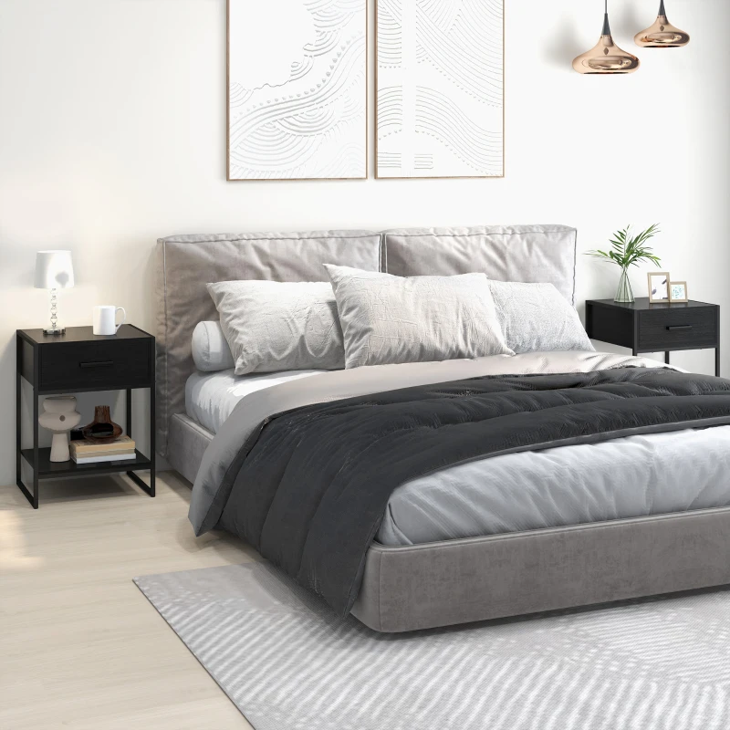 HOMCOM Conjunto de 2 Mesas de Cabeceira com 1 Gaveta e Prateleira de Armazenamento Estilo Moderno 45x40x60 cm Preto