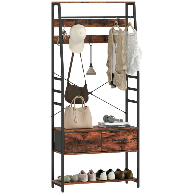 HOMCOM Garderobe mit Schuhregal, Mantelständer mit Sitzbank, 10 Haken, 2 Stoffschubladen, Kleiderstange, Spanplatte, Metall, Braun