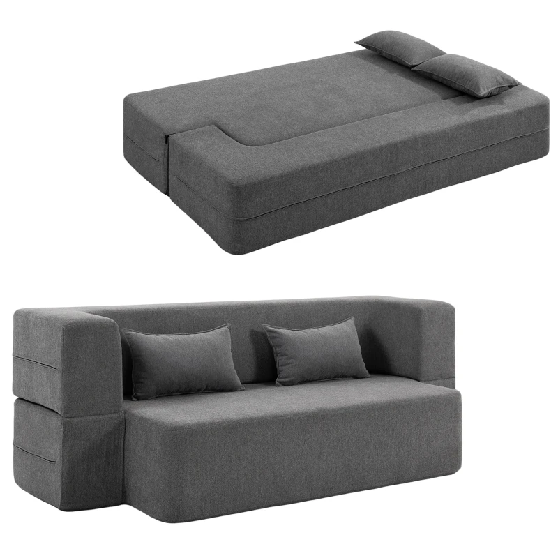 HOMCOM 2-Sitzer-Schlafsofa aus Schaumstoff, Schlafcouch mit breiten Armlehnen, 2 Kissen, 360 kg Belastbarkeit, Grau