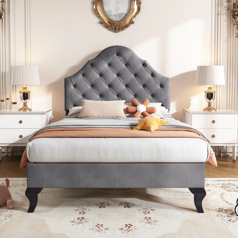 Cama tapizada con cabecero ajustable en altura y somier, sin colchón, 90×200 cm, Gris