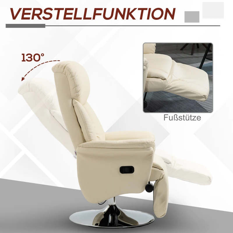 HOMCOM Relaxsessel, Liegefunktion, Lederoptik, Fußstütze, bis 150 kg, 78 x 80 x 109 cm, Creme