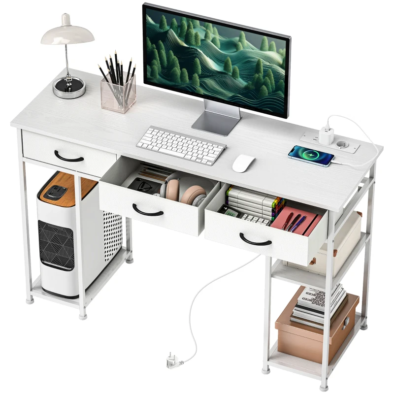HOMCOM Schreibtisch Küchentisch mit 2 USB-Ladeanschlüssen 2 Steckdosen verstellbare Regale 3 Stoffschubladen 120x40x76 cm Weiß