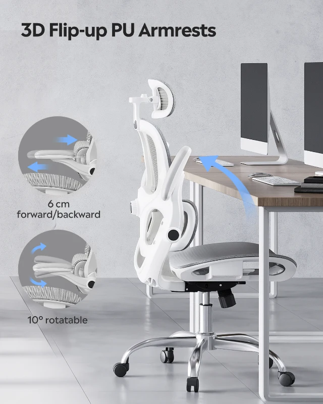 DEVAISE Ergonomic High Back Chair, Breathable Mesh Office Chair Featuring Dynamic Lumbar Support, Adjustable Headrest, 3D Armrests and 360° Swivel Function for Home Office, Grey