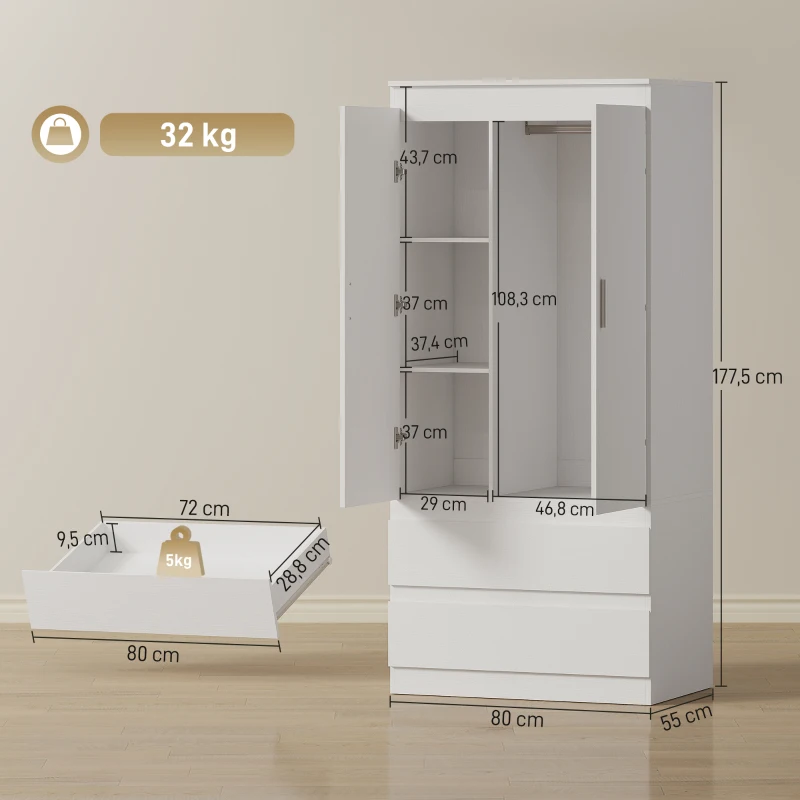 HOMCOM Schlafzimmer-Garderobe mit 2 Türen, 2 Schubladen, 3 Fächer, Holz, Weiß