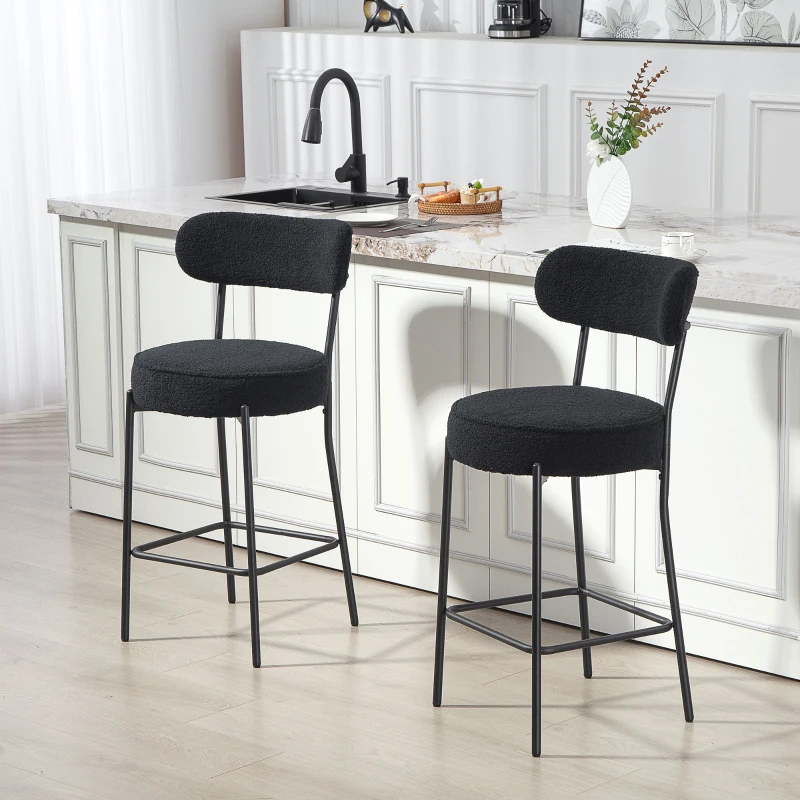 HOMCOM Lot de 2 tabourets de bar en tissu bouclette, chaises de bar avec dossier courbé, repose-pieds, 49x52x95cm, noir