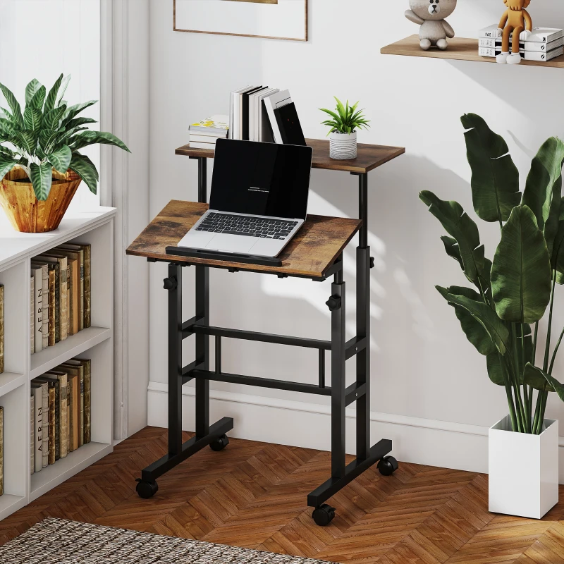 HOMCOM chreibtisch Höhenverstellbar Küchentisch mit Regal, Rollen, Computertisch Rustikal Braun 60 x 60 x 70,5-120 cm