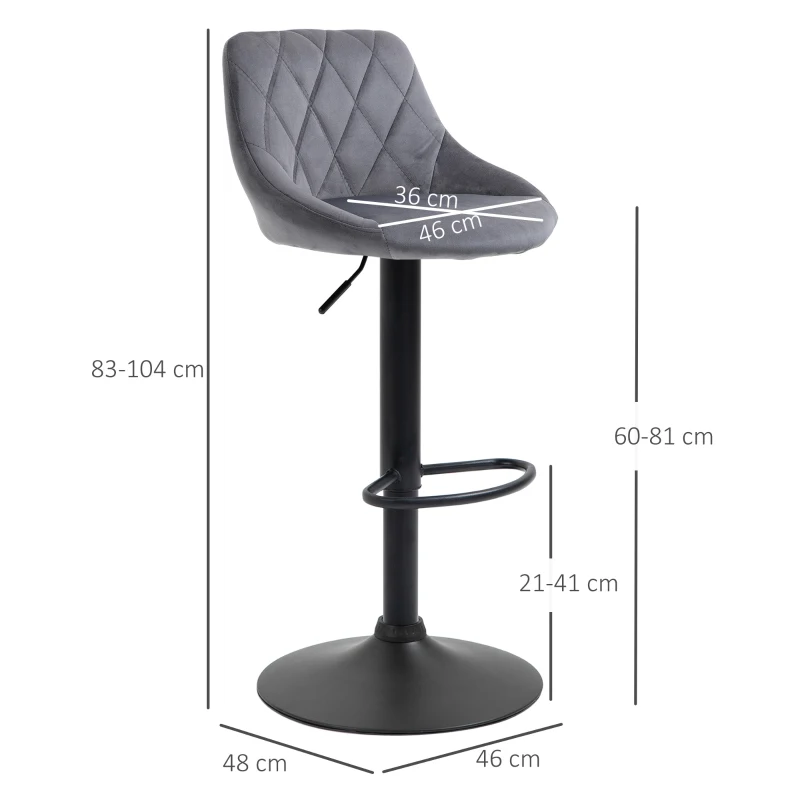 HOMCOM 2er-Set Barhocker, Höhenverstellbare Barstuhl mit Lehne, Samtoptik, Metallgestell, Fußstütze, drehbare, Dunkelgrau
