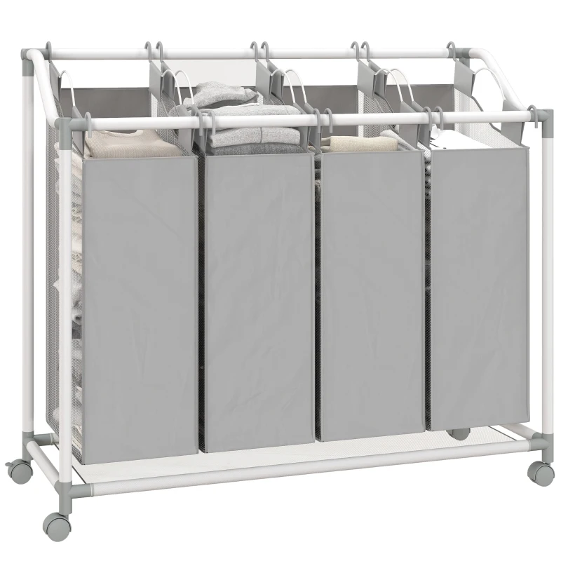 HOMCOM Wäschekorb mit 4 Fächer 160 L Wäschesammler mit Rädern, herausnehmbarer Wäschesack, 97 x 38 x 81 cm, Grau