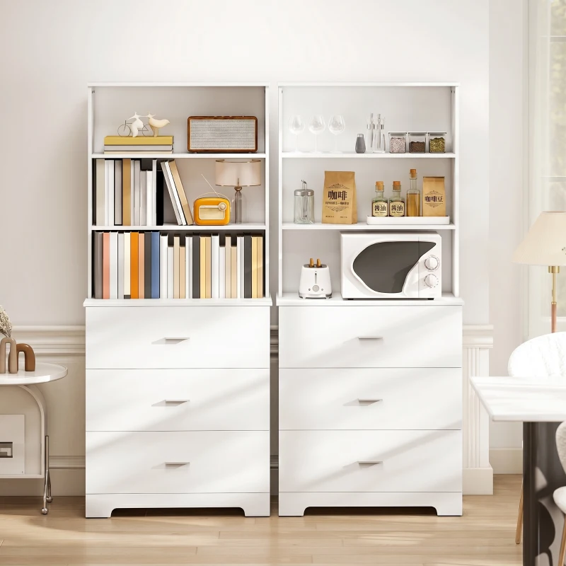 HOMCOM Bücherschrank Hochschrank Vitrinenschrank mit 3 Schubladen, 3 offen Regalen, für Wohnzimmer Küche, 79x39,5x180 cm, Weiß