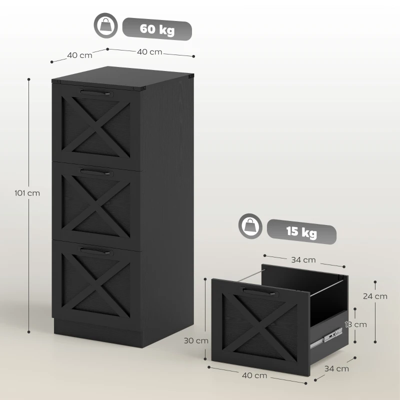HOMCOM Gaveteiro de Escritório com 3 Gavetas, Pastas Suspensas para Formatos Letter/A4, Estilo Rústico, 40x40x101 cm, Preto