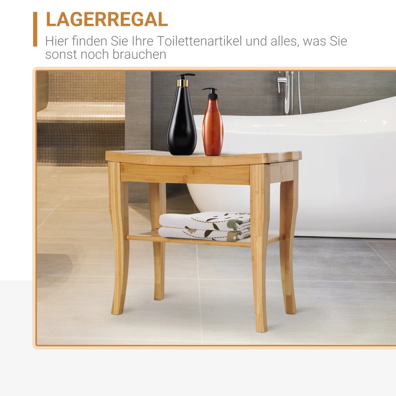 HOMCOM Duschhocker Badhocker mit Ablage Duschsitz Duschstuhl Badstuhl Badregal Bambus 47,5 x 26 x 44,5 cm Natur