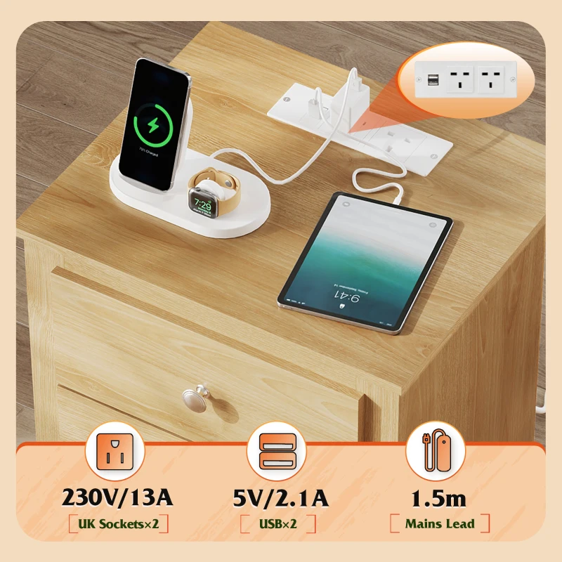 WLIVE 3-Drawer Wooden Bedside Table with Charging Station, USB Ports & Plug Sockets, Nightstand with Storage for Bedroom, Living Room, Office (1, Oak)