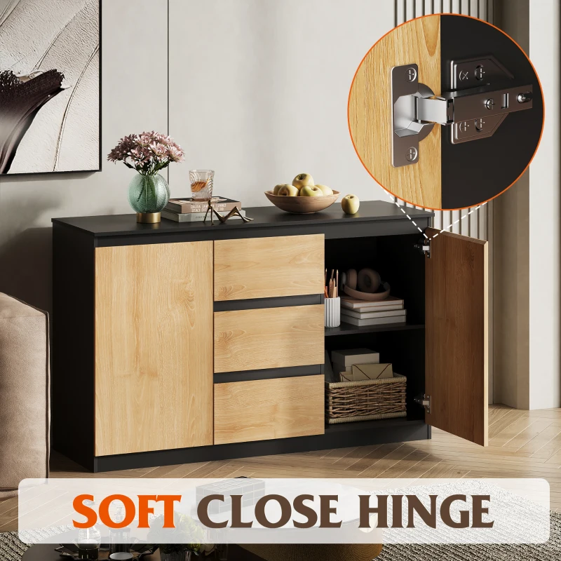 WLIVE Chest of Drawers with 3 Drawers, Cabinet with 2 Door 4 Shelvses, Modern Storage Unit, for Living Room, Bedroom, Hallway, (Black + Oak, 2 Door 3 Drawer)