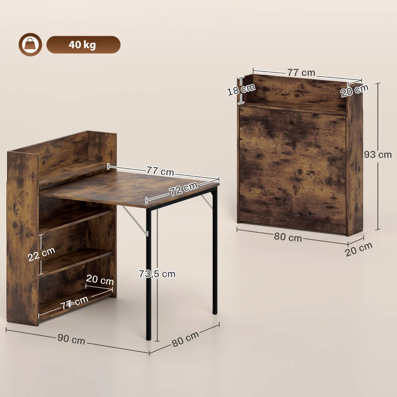 HOMCOM Esstisch Klappbar mit Regal, Industrie-Design, Platzsparend, Für Kleine Räume, 80x90x93cm, Rustikal-Braun