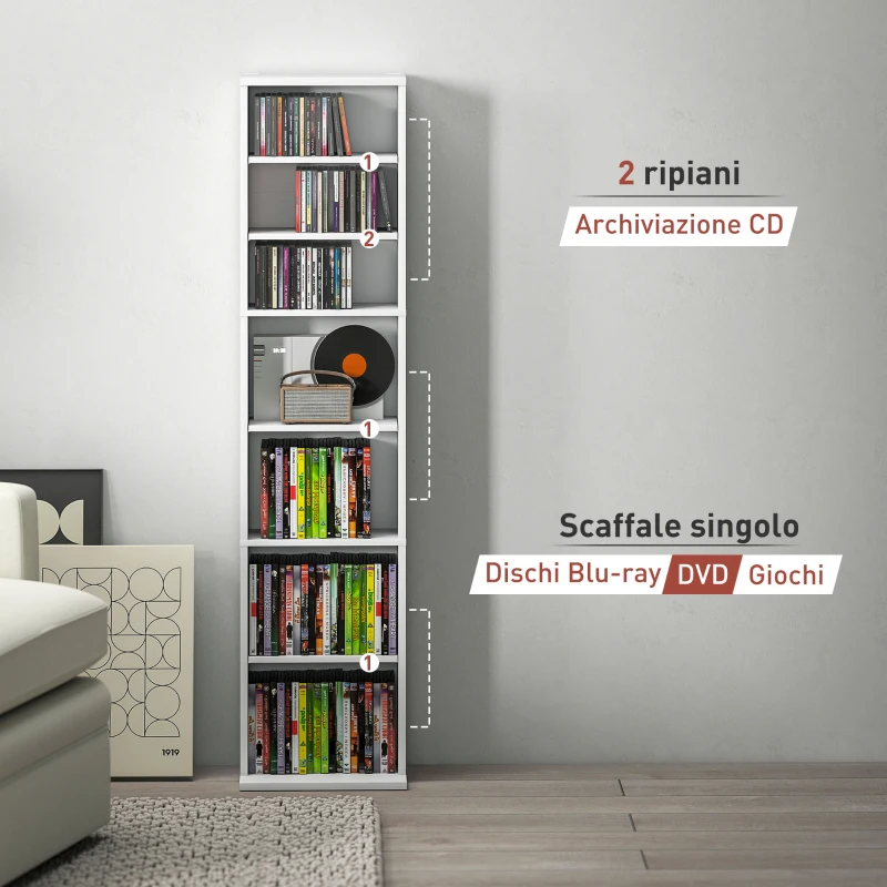 HOMCOM Scaffale Porta CD con 6 Ripiani Regolabili, Capacità di 260 CD/120 DVD, 33x24x140 cm, Bianco