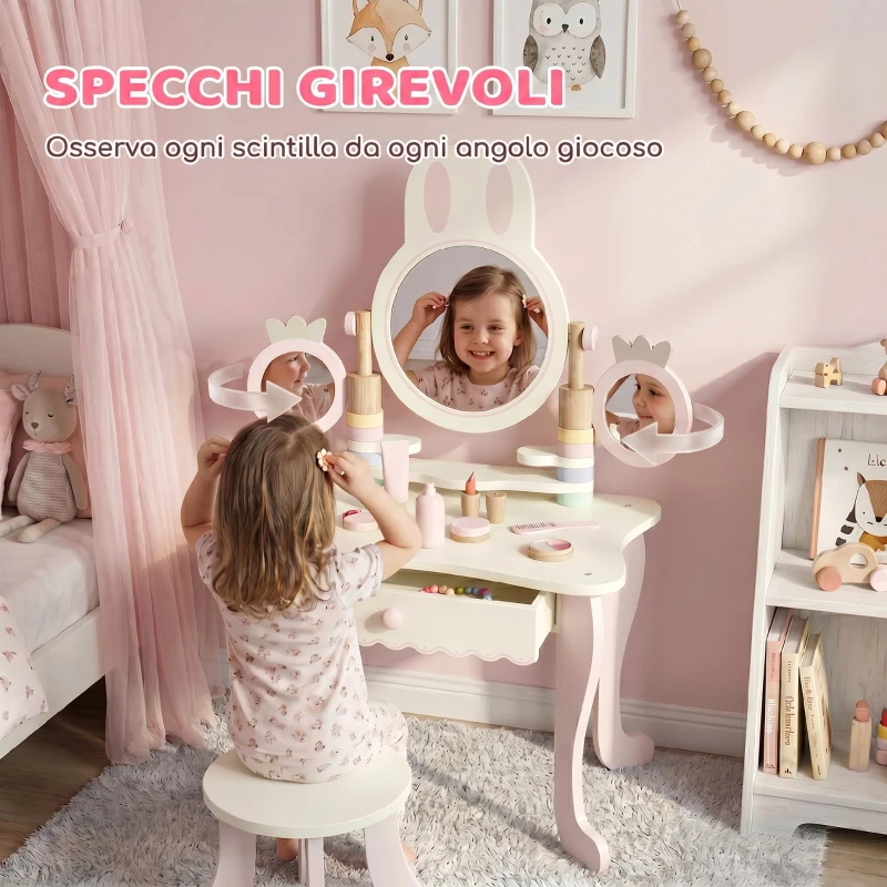 AIYAPLAY Toeletta per Bambini con Sgabello, Cassetto, 3 Specchi e 5 Accessori, Età 3+ Anni, Rosa