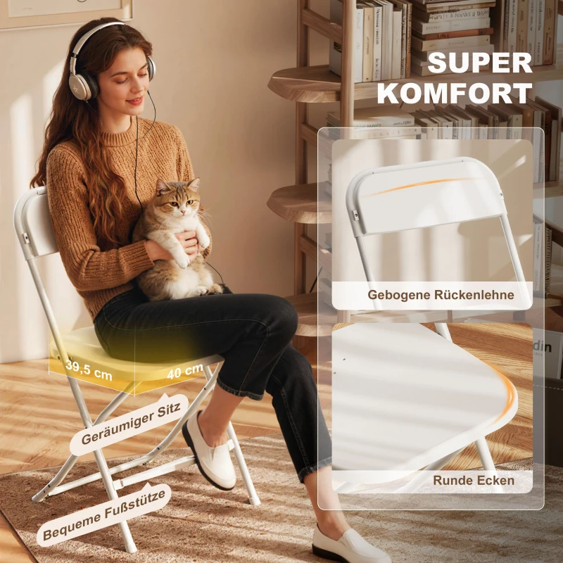 HOMCOM 6er-Set Klappstühle, faltbare Stühle mit Ablauflöchern, Stahlrahmen, vielseitig einsetzbar, Weiß
