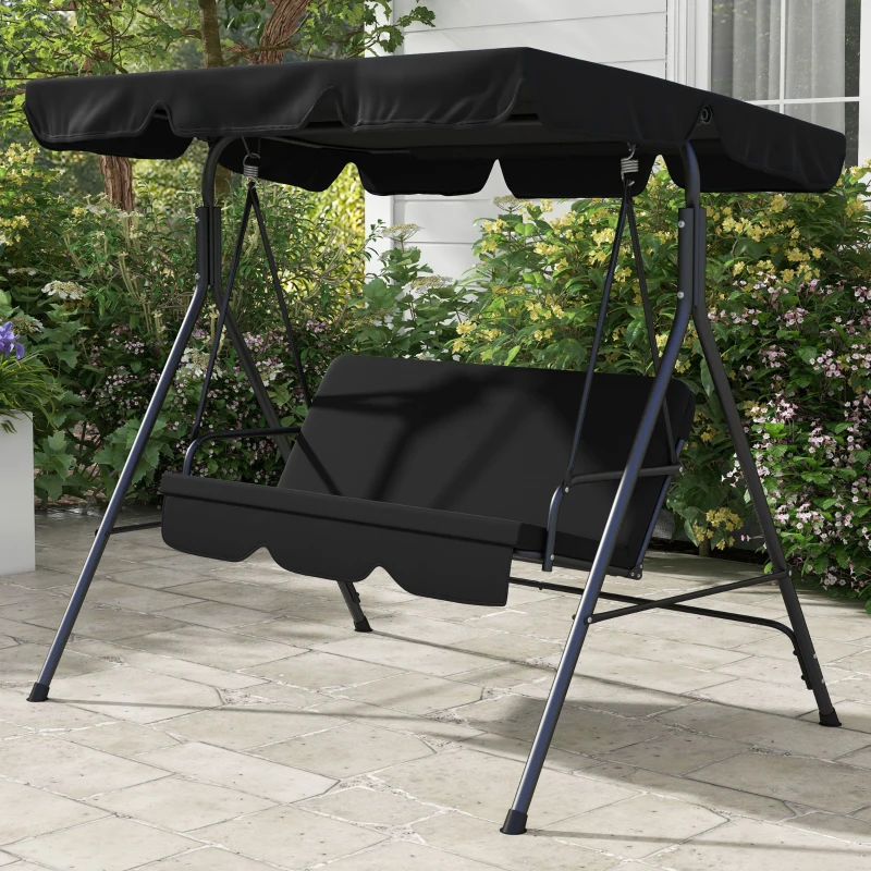 Outsunny Balancelle de Jardin 3 Places Toit Inclinaison réglable Coussins Assise et Dossier Acier Noir Polyester Noire