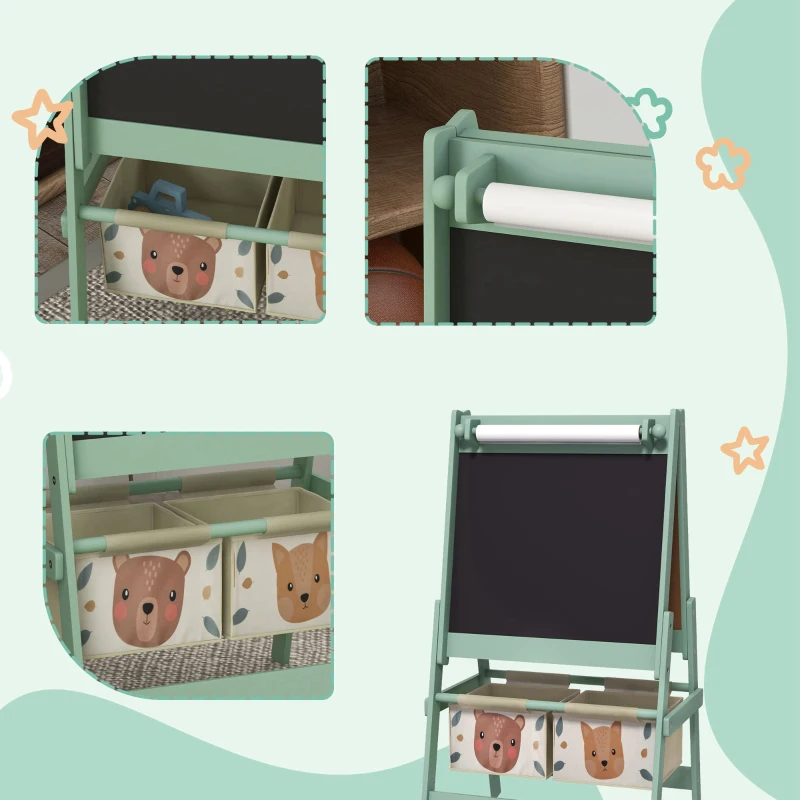 ZONEKIZ Conjunto para Crianças Inclui 1 Mesa com 2 Cadeiras Infantis e 1 Cavalete 3 em 1 com Cestos de Armazenamento Desenho de Animais Verde