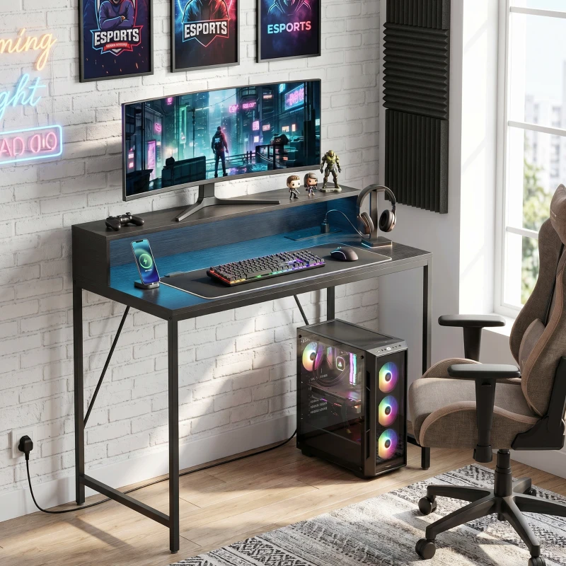 HOMCOM Gaming Desk, 100cm Computer Desk with LED Lights, Power Outlets, Monitor Stand and Remote, Black Wood-Effect