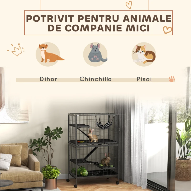 PawHut Cușcă pentru Rozătoare cu 4 Intrări și Niveluri Multiple, cu Hamac, din Metal și PP, 80x52x128 cm, Argintiu și Gri
