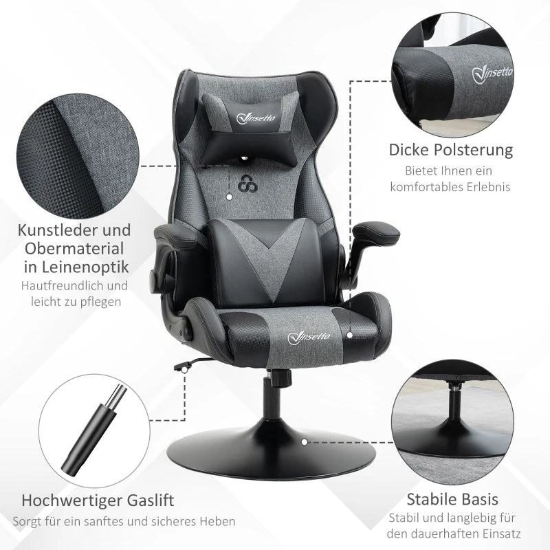 Vinsetto Gaming-Stuhl, höhenverstellbar & drehbar, Kunstleder-Bezug, klappbare Armlehnen, Schwarz+Grau