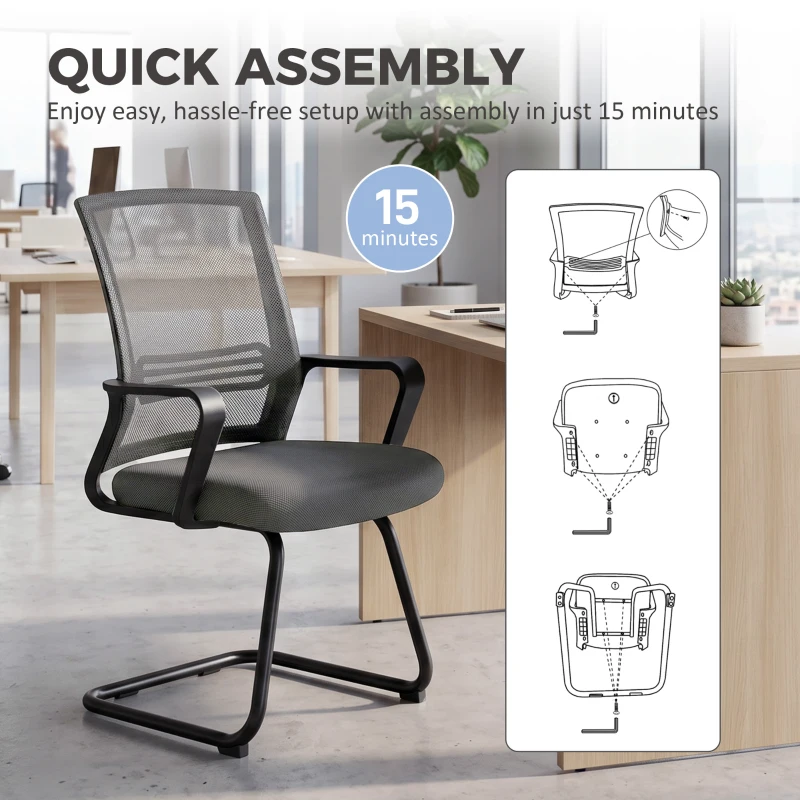 HOMCOM Padded Meeting Office Chair, Ergonomic Desk Chair No Wheels with Sled Base for Bedroom, Waiting, Reception, Dark Grey