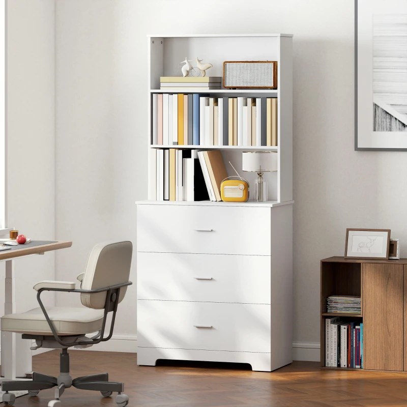 HOMCOM Bücherschrank Hochschrank Vitrinenschrank mit 3 Schubladen, 3 offen Regalen, für Wohnzimmer Küche, 79x39,5x180 cm, Weiß