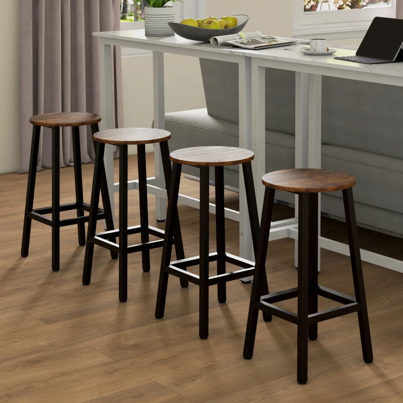 HOMCOM Conjunto de 4 Bancos Altos de Cozinha Bancos de Bar com Pés de Aço e Apoio para os Pés 32,5x32,5x65 cm Preto e Madeira