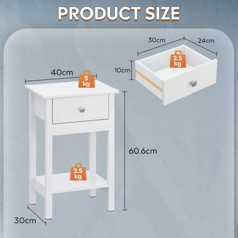 WLIVE Wooden Bedside Table, Nightstand with Shelf Drawer, Wooden Side Sofa Tables, for Small Spaces, End Tables for Living Room, Bedroom (1, White)