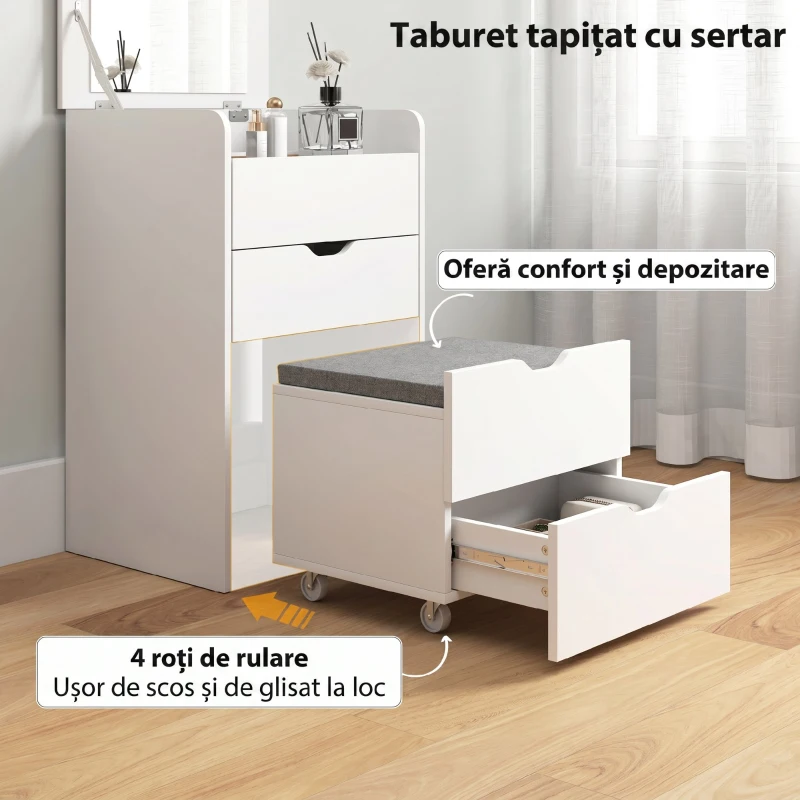 HOMCOM Măsuță de Toaletă cu Oglindă Rabatabilă și Scaun, Compactă, Alb