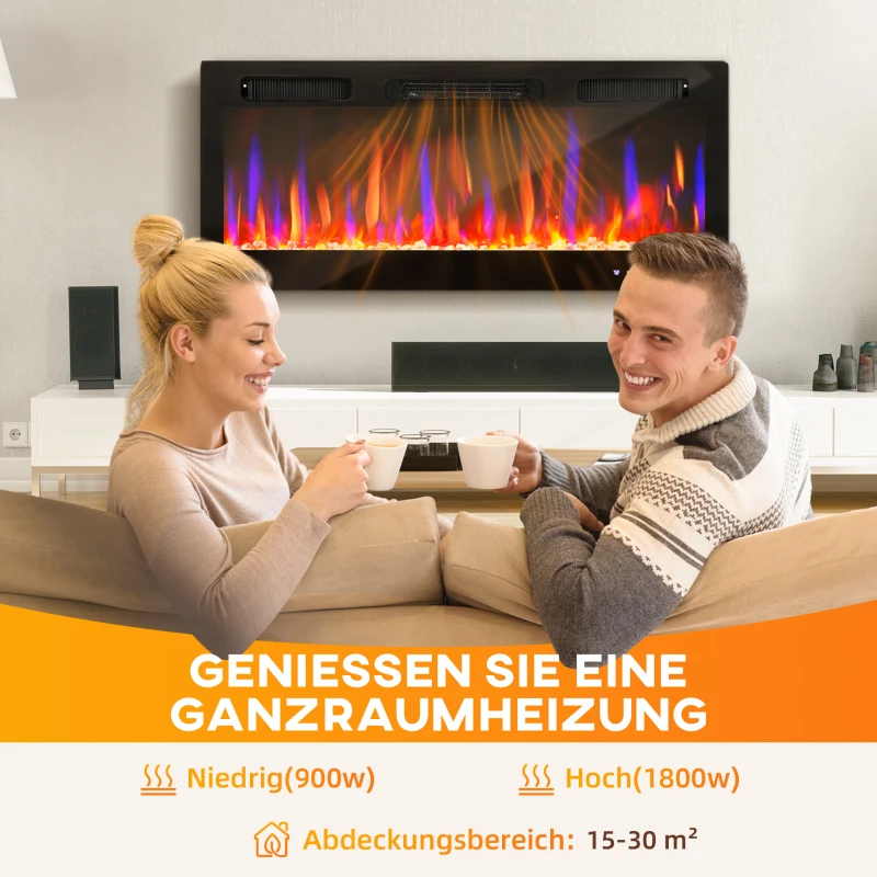 HOMCOM Elektrischer Kamin, Wandmontage, verstellbare Flammen, Thermostat, Timer, Stahl, Schwarz