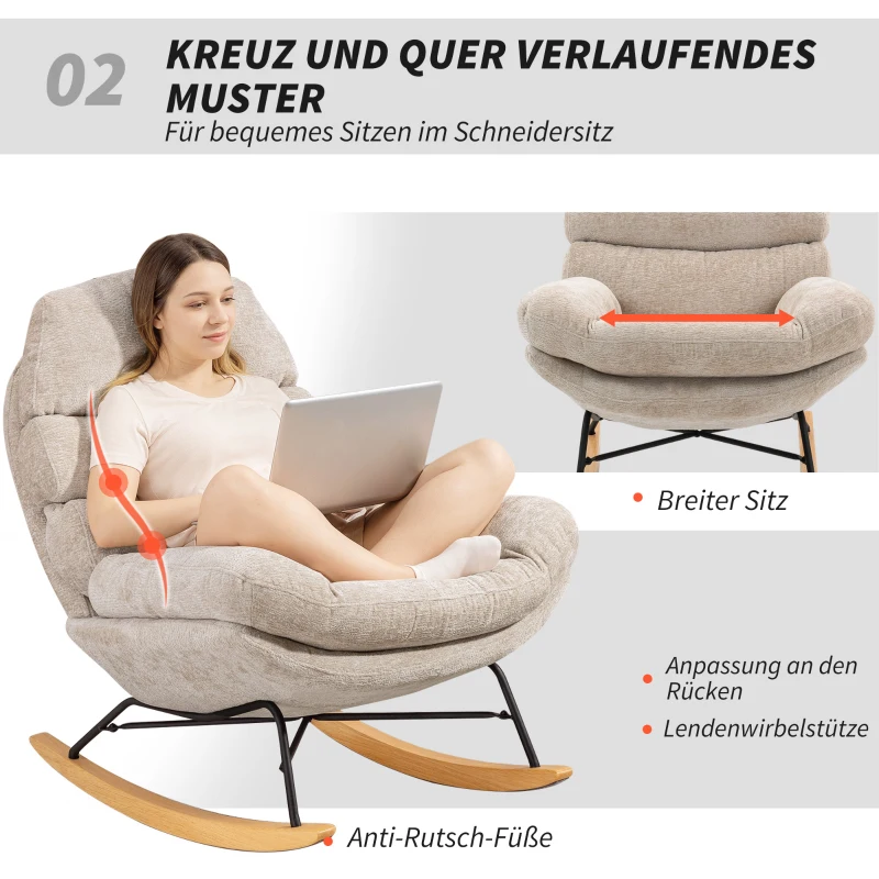 HOMCOM Gepolsterter Schaukelstuhl mit Stahlbeinen und Holzkufen, Cremeweiß