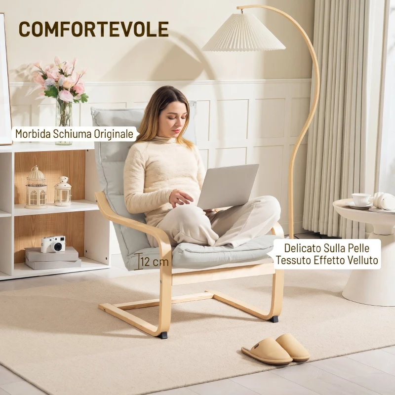 HOMCOM Poltrona a Dondolo Moderna con Braccioli in Legno e Cuscini Spessi in Velluto, 67x83x105 cm, Crema