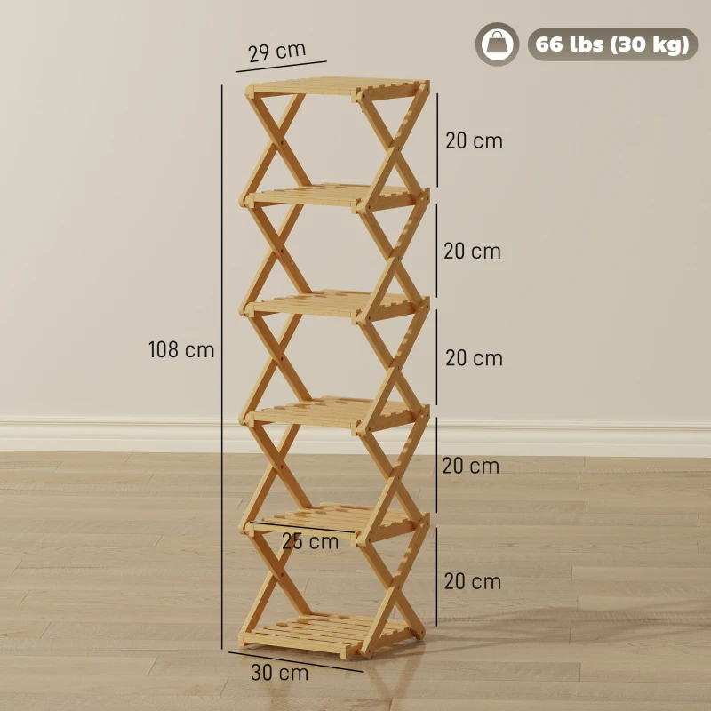 HOMCOM Schuhregal, klappbar Schuhständer mit 6 Ebenen aus Bambus, für max. 9 Paar Schuhe, 30 x 29 x 108 cm, Natur