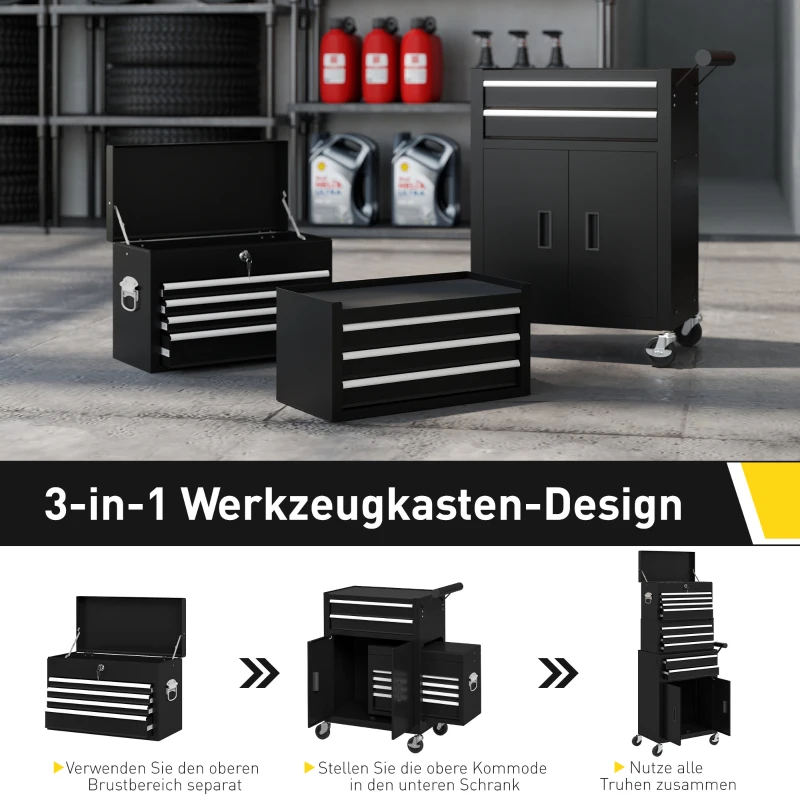 HOMCOM 3-in-1 Werkzeugkiste, Werkzeugschrank mit 4 Rädern, verschließbarer Werkzeugkasten mit 9 Schubladen, Stahl, Schwarz