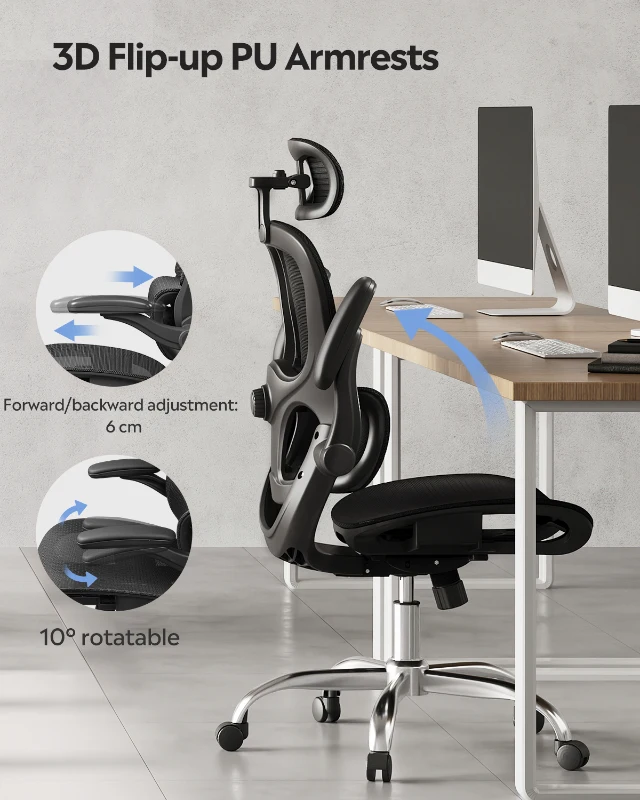 DEVAISE Ergonomic High Back Chair, Breathable Mesh Office Chair Featuring Dynamic Lumbar Support, Adjustable Headrest, 3D Armrests and 360° Swivel Function for Home Office, Black