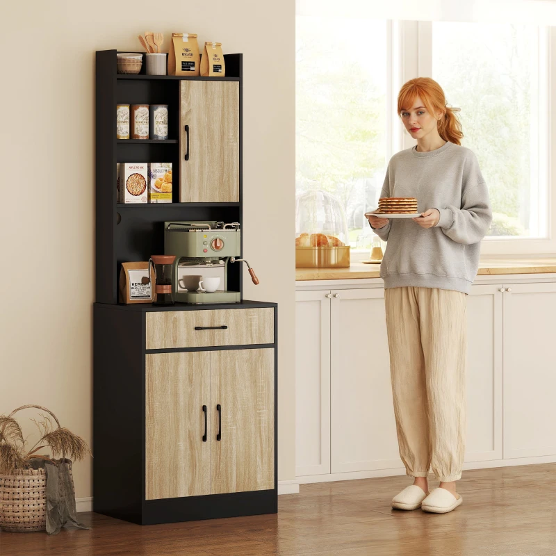 HOMCOM Küchenschrank mit Arbeitsfläche und Kabelloch, moderne Küchenkommode mit Schublade, 3 offene Regale, Naturholz, Schwarz