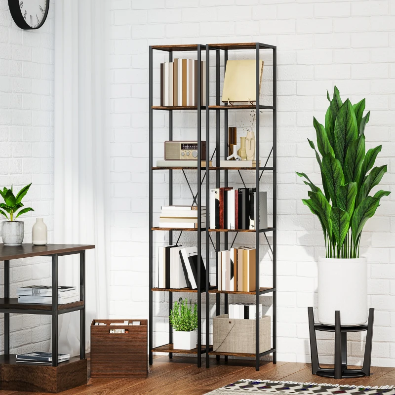 HOMCOM 2er-Set 6-Ebenen-Bücherregal, Stahlrahmen, für Wohnzimmer, Büro, Schlafzimmer, Rustikal-Braun