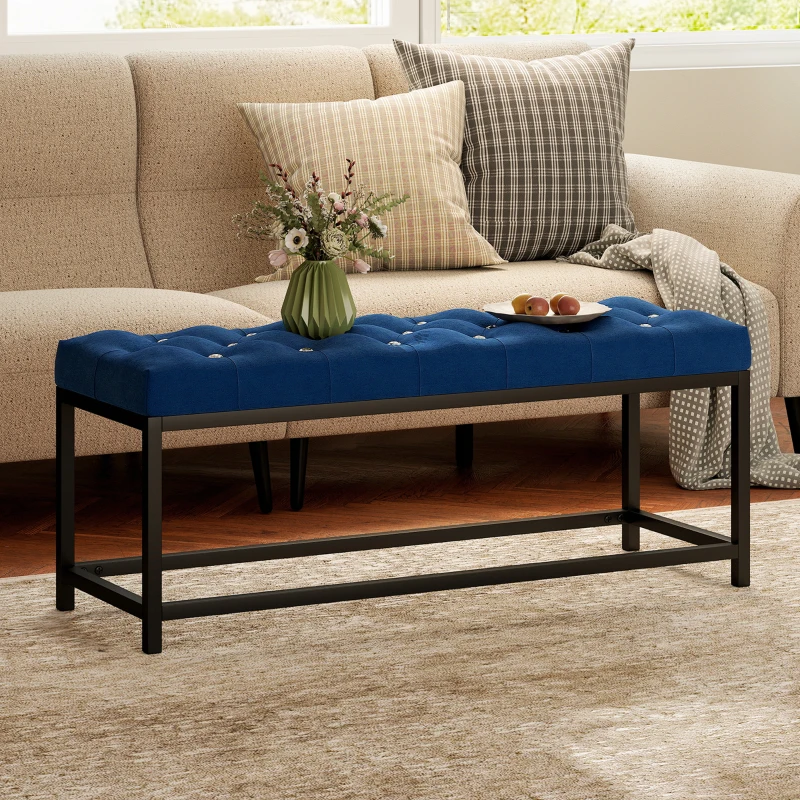 HOMCOM Banco Pie de Cama Tapizado en Terciopelo Diseño Capitoné Base de Metal para Dormitorio Entrada Salón Azul Oscuro