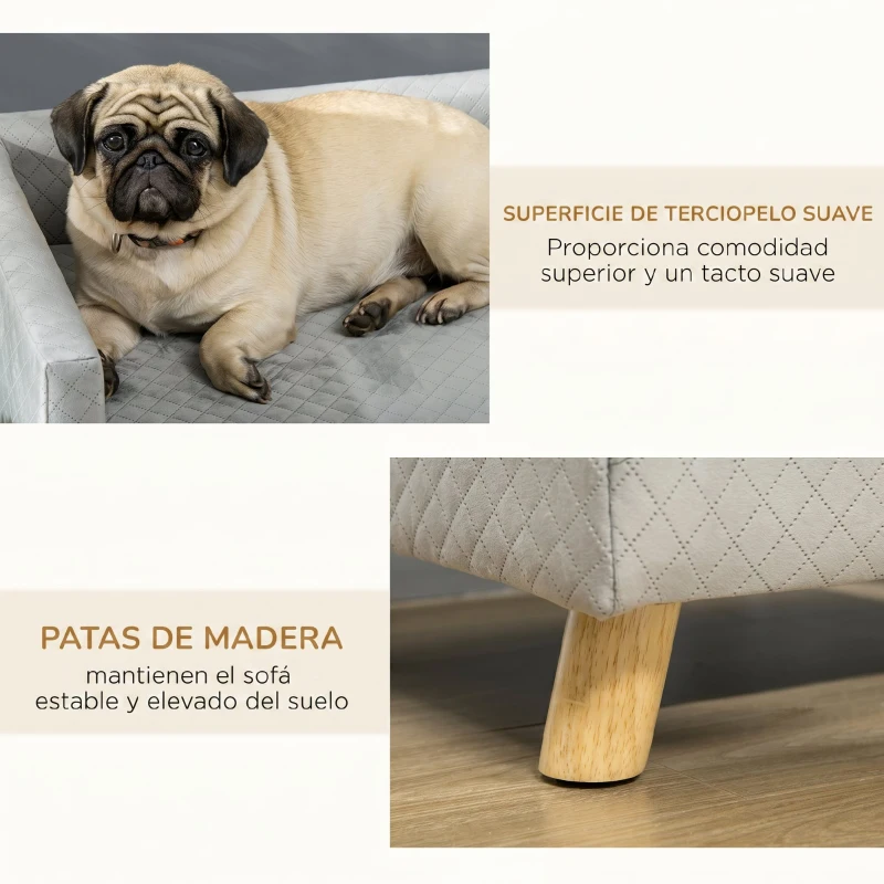 PawHut Sofá para Perros Pequeños 64x45x36 cm Tapizado en Terciopelo con Cojín Lavable y Patas de Madera de Abedul Gris Oscuro