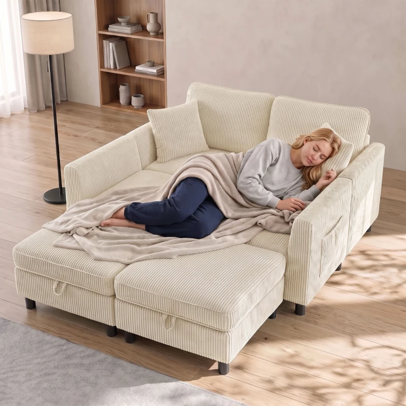 HOMCOM Modulares U-Sofa 4-Sitzer mit 2 Aufbewahrungs-Poufs in Cordvelours, 4 Kissen, Creme