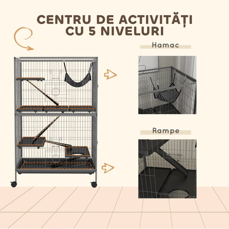 PawHut Cușcă pentru Rozătoare cu 4 Intrări și Niveluri Multiple, cu Hamac, din Metal și PP, 80x52x128 cm, Argintiu și Gri