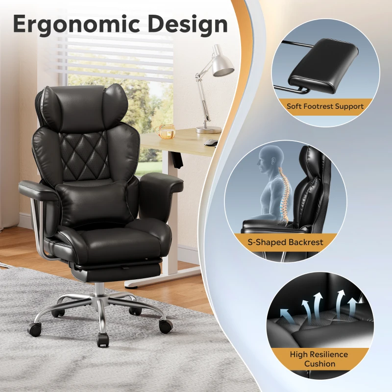 DEVAISE Ergonomic Executive Office Chair, PU Leather Chair with Telescopic Footrest and Height Adjustment, Built-in Lumbar Support, 145° Reclining Backrest Design for Office Use, Black