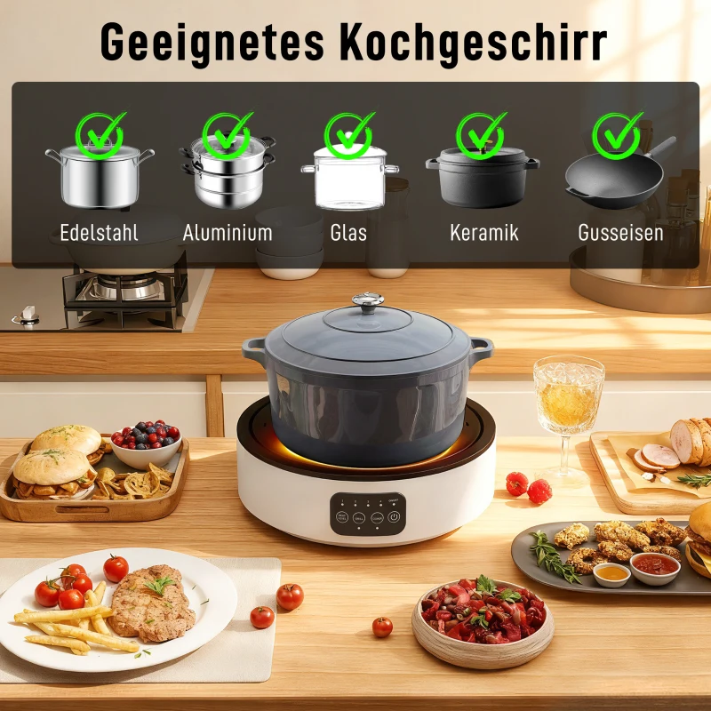 HOMCOM Dual-Keramikkochfeld, 2-in-1 Design, zum Kochen und Grillen, 2000W, 4 Hitzestufen, LED-Display, Fettfangschale, Weiß