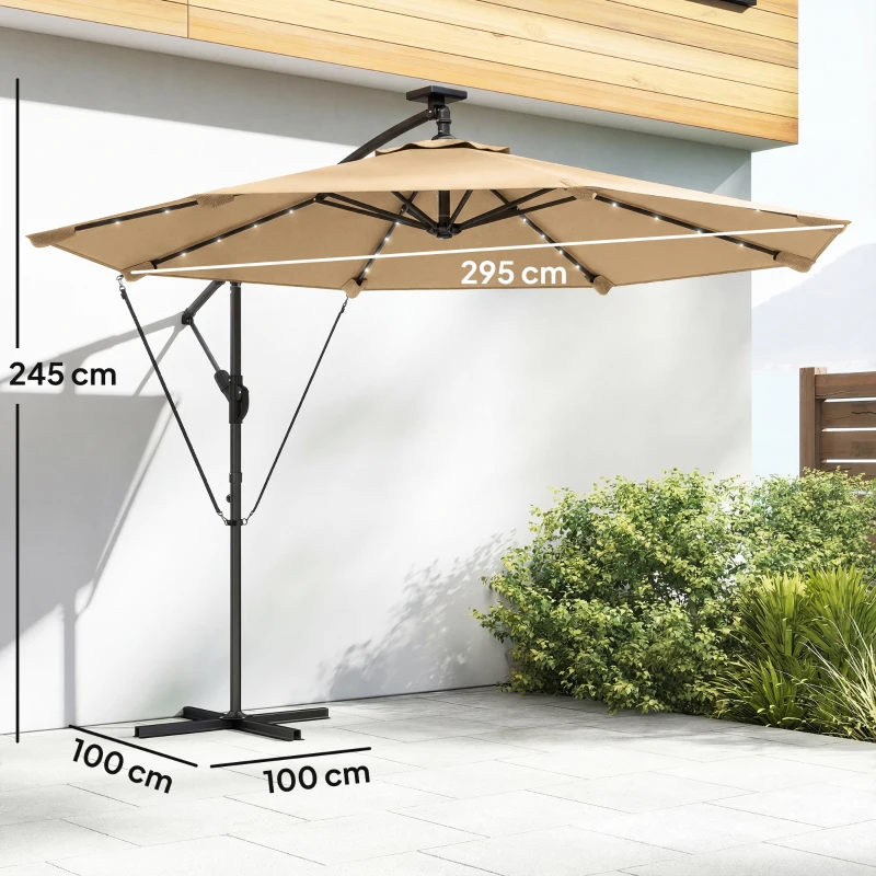 Outsunny Ombrellone a Sbalzo con 32 Luci LED Solari e Manovella, in Metallo e Poliestere, 330x295x245 cm, color Cachi