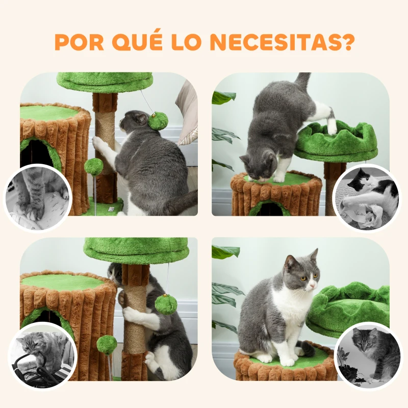 PawHut Árbol Rascador para Gatos 53 cm Diseño de Tronco con Casita Cama Poste de Yute Bolas Marrón y Verde
