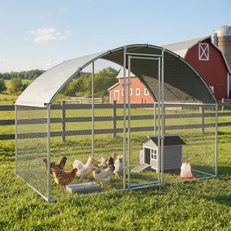 PawHut Galinheiro para Exterior 2,8x1,7x1,9 m Cobertura em Tecido Oxford Anti-UV Impermeável Fechos para 5-8 Galinhas Prata